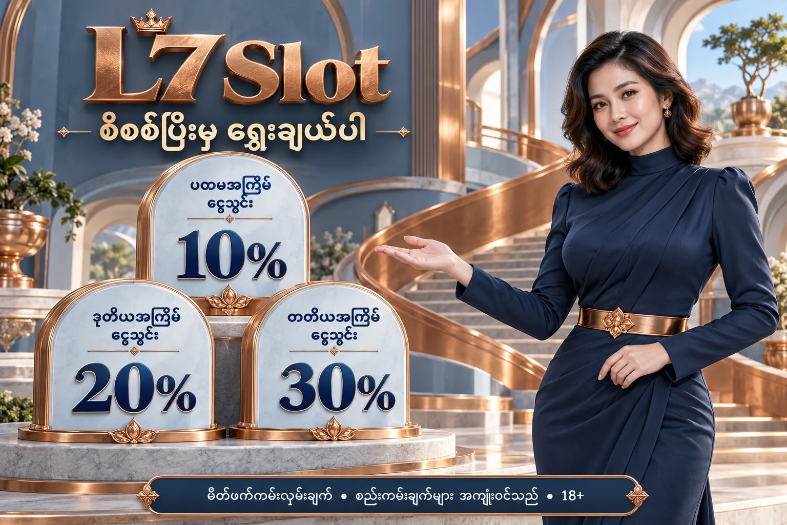 L7 Slot — မိတ်ဖက် ငွေသွင်းကမ်းလှမ်းချက် 10%, 20%, 30%; စည်းကမ်းချက်များ အကျုံးဝင်သည်; 18+