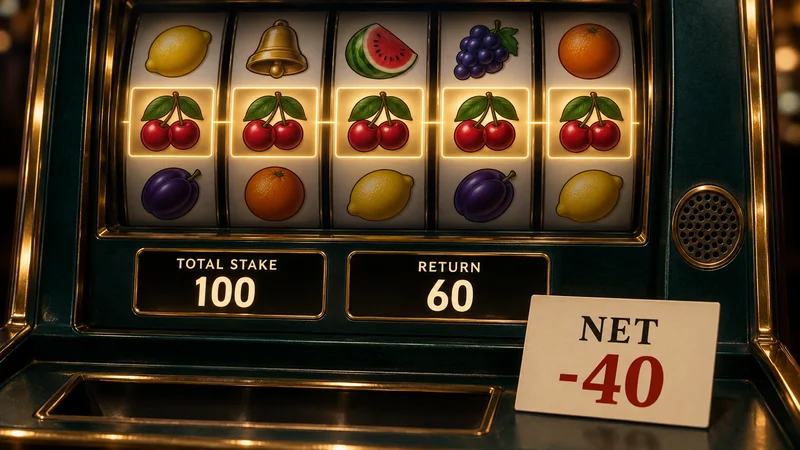 စိတ်ကူး slot ရီးလ်ပေါ်တွင် မီးလင်းနေသော်လည်း total stake100၊ return60 နှင့် net−40 ဟုပြထားသော ပုံ