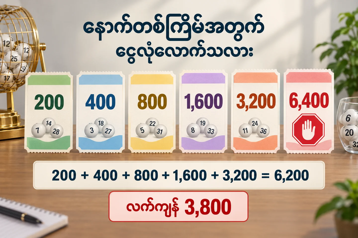 ရှုံးငွေလိုက်သည့် နှစ်ဆစဉ်နှင့် လက်ကျန်ခွင့်ပမာဏကို ခွဲစစ်နည်း ကိုပြထားသော စိတ်ကူးသင်္ချာနှင့် စာရင်းပုံ။