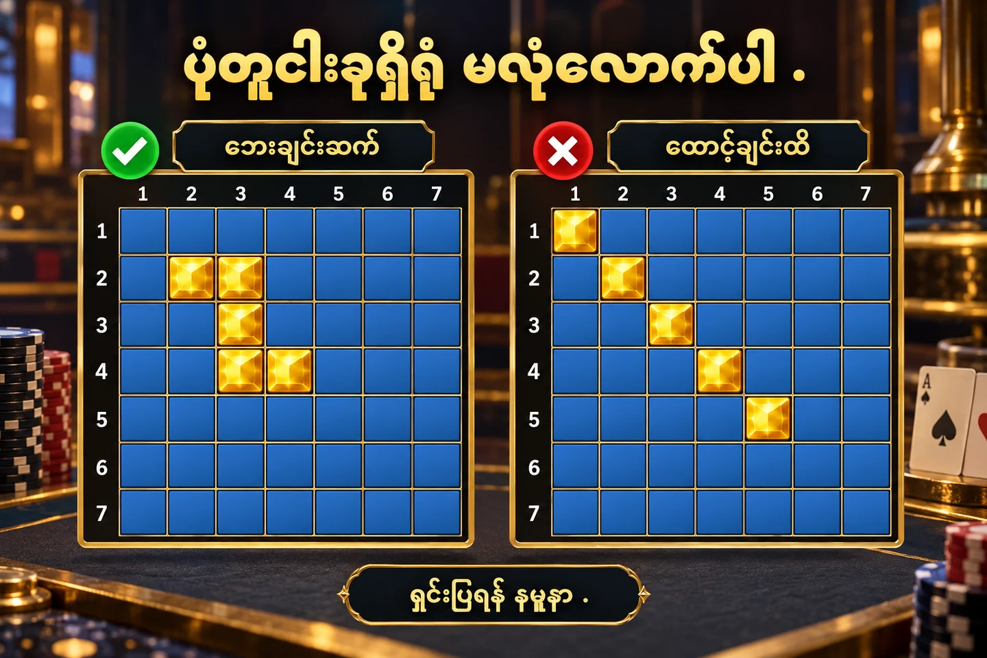 ဘေးချင်းဆက်သော သင်္ကေတငါးခုနှင့် ထောင့်ချင်းထိသည့် ငါးခုကို သီးခြား grid နှစ်ခုဖြင့် ခွဲထားပုံ