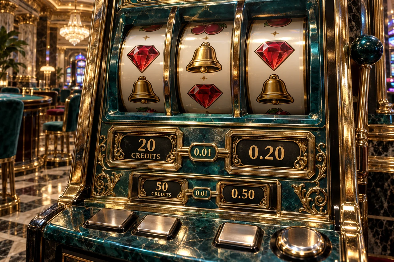 Denomination0.01 ဖြင့်20credits→0.20 နှင့်50credits→0.50 ကိုပြထားသော စိတ်ကူးslot machine။