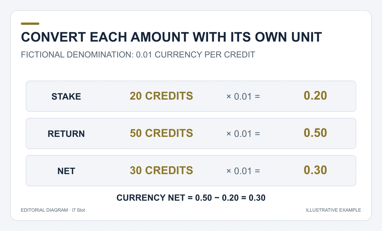A unit ledger converts20credits to0.20 and50credits to0.50, yielding net0.30.